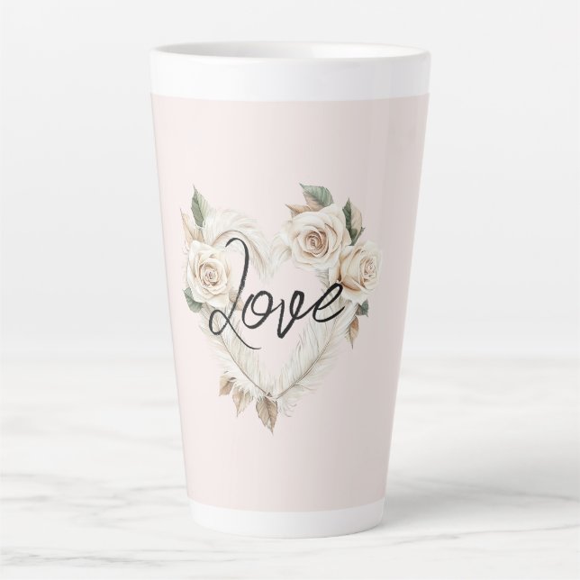 Taza De Café Latte Rosas Rosadas Románticas Plumas Corazón Amor (Anverso)