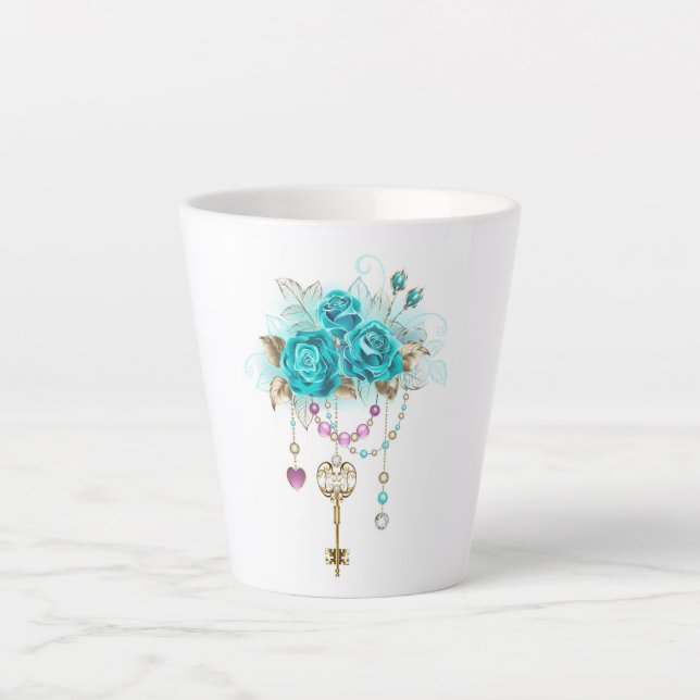 Taza De Café Latte Rosas turquesas con llaves (Anverso)