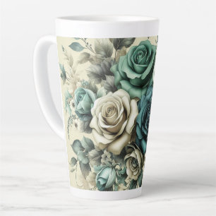 Taza De Café Latte Rosas verde azuladas y blancas