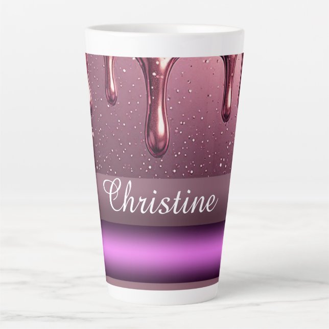 Taza De Café Latte Rose Gold Glitter Drip Custom name (Anverso)