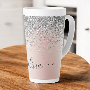 Taza De Café Latte Rose Gold - Rosa Clásico Glitter Monograma