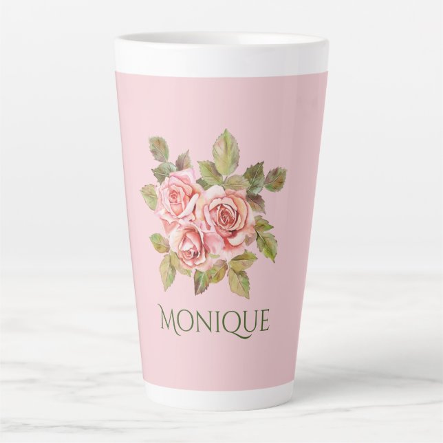 Taza De Café Latte Roses rosadas de bonito personalizadas (Anverso)