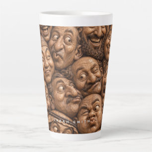 Taza De Café Latte Rostros de Madera Tallada Patrón Boho Vintage