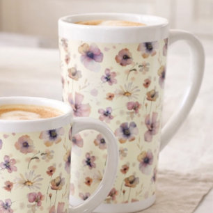 Taza De Café Latte Rubor Cremoso Acuarela Boho Wildflower