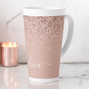 Taza De Café Latte Rubor Rosa Dorado Rosa Glitter Monograma Femenina