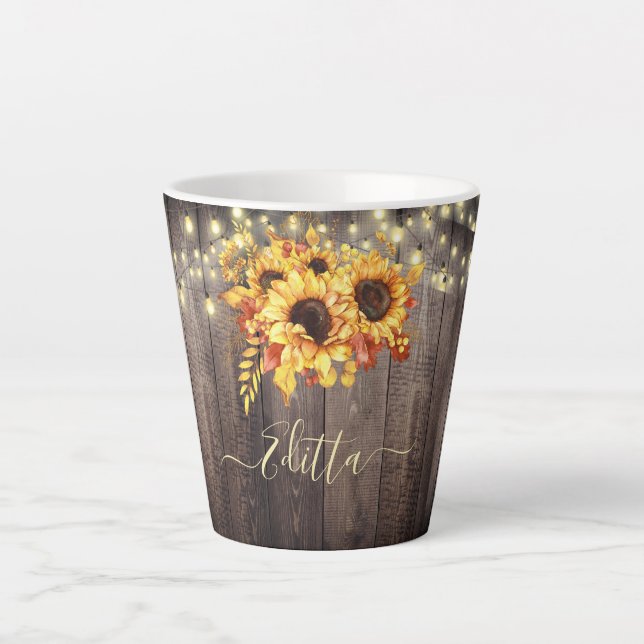 Taza De Café Latte Rustic Sunflowers Wood String Lights Otoño (Anverso)