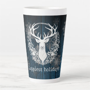 Taza De Café Latte Rústica acuarela de reno blanco Azul
