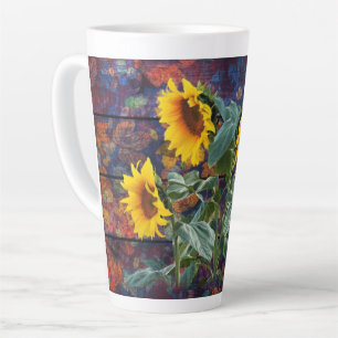 Taza De Café Latte Rústicas hojas otoñales y girasoles