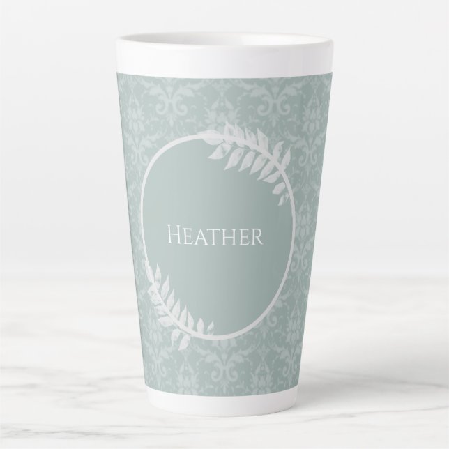 Taza De Café Latte Sage Green Elegant Damask Personalizado (Anverso)