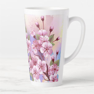 Taza De Café Latte Sakura rosa sobre fondo de pintura