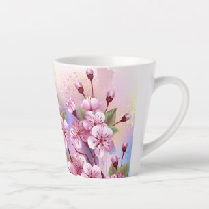 Taza De Café Latte Sakura rosa sobre fondo de pintura