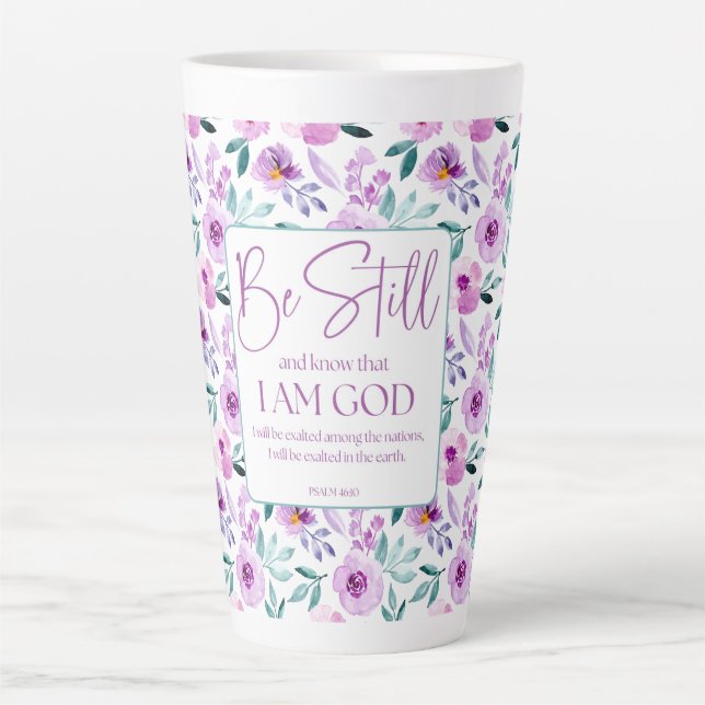 Taza De Café Latte Salmo 46:10 Be Still and Know Purple Flowers (Anverso)