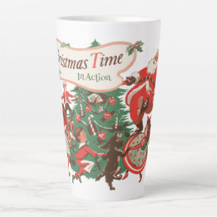 Taza De Café Latte Santa Claus Navideño Antiguo y Niños Bailando