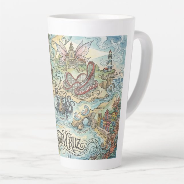 Taza De Café Latte Santa Cruz California Illustrated Map Mythical (Ángulo derecho)