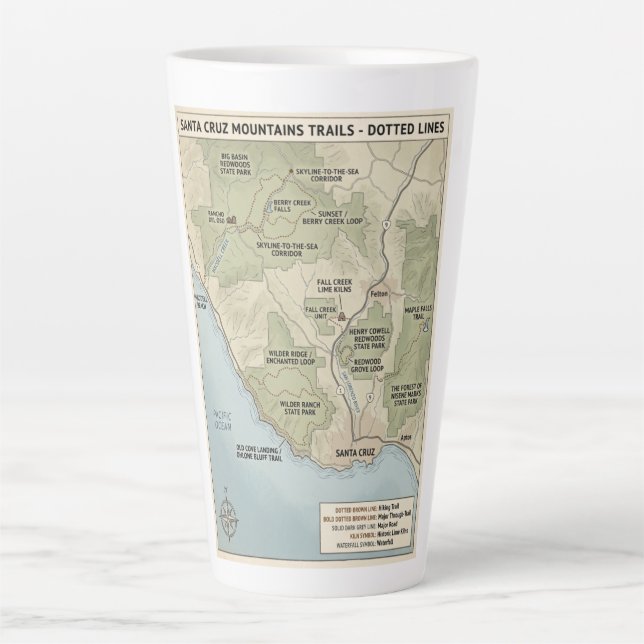 Taza De Café Latte Santa Cruz California Trail Map Redwood & Coastal  (Anverso)