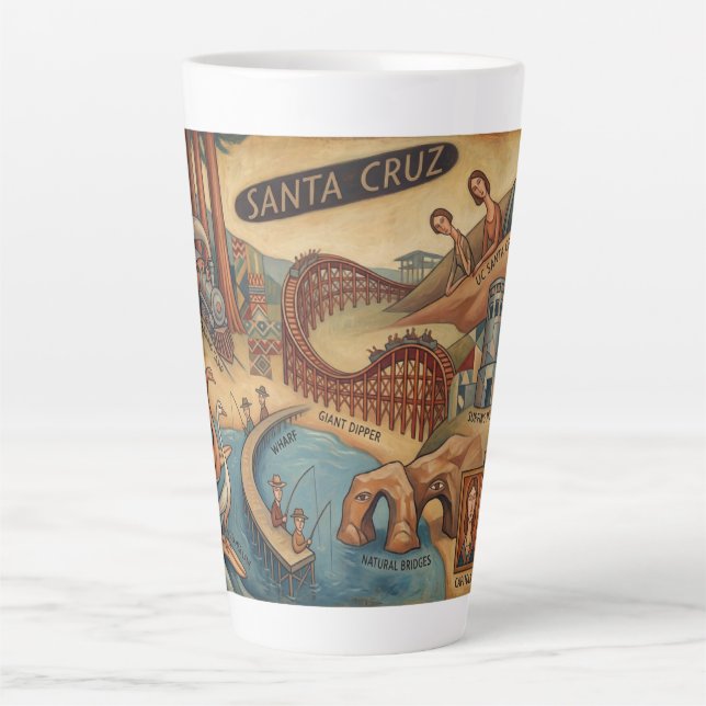Taza De Café Latte Santa Cruz California Whimsical Map UCSC Boardwalk (Anverso)
