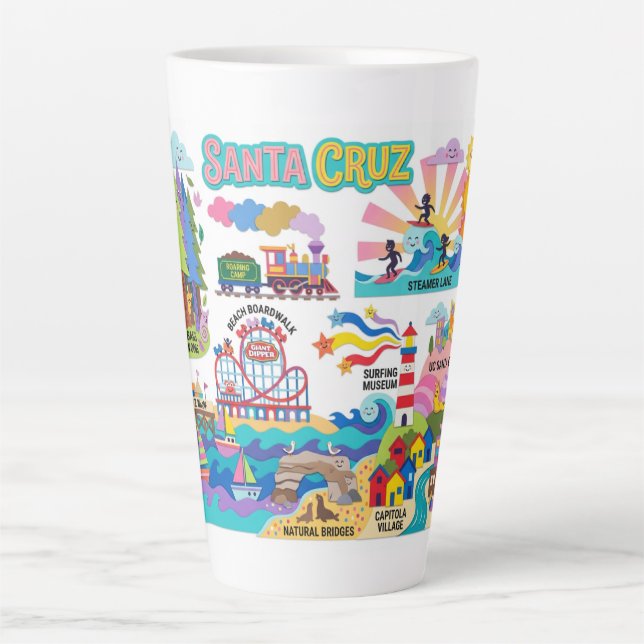 Taza De Café Latte Santa Cruz Illustrated Map Boardwalk Beach Surfing (Anverso)