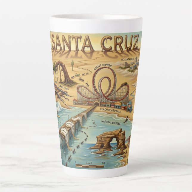 Taza De Café Latte Santa Cruz Pop Art Map – Bold Coastal Landmark (Anverso)