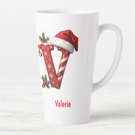 Taza De Café Latte Santa elegante Monograma inicial V feliz Navidad 