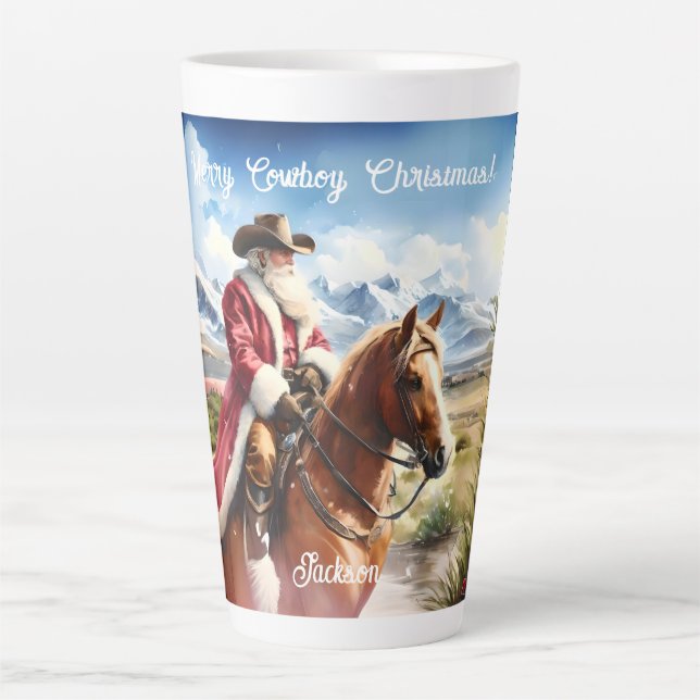 Taza De Café Latte Santa llevando Gorra de Vaquero y montando caballo (Anverso)