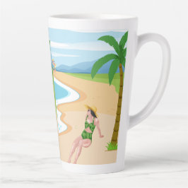 Taza De Café Latte señora en la playa