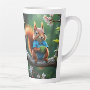 Taza De Café Latte Sentada de ardilla suave en la rama del árbol
