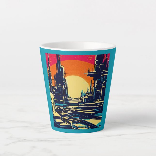 Taza De Café Latte SF Futurista City Woodcut 1 (Anverso)
