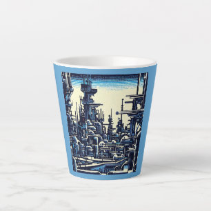 Taza De Café Latte SF Futurista City Woodcut 4