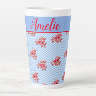 Taza De Café Latte Shabby Chic Blue Red Floral Lily Gingham Latte Mug