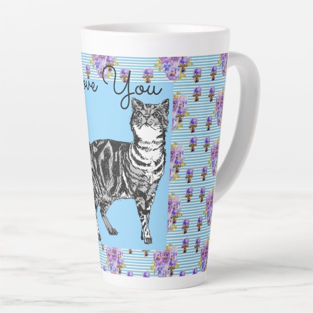 Taza De Café Latte Shabby Chic Blue Stripe Tabby Cat Love Heart (Ángulo derecho)
