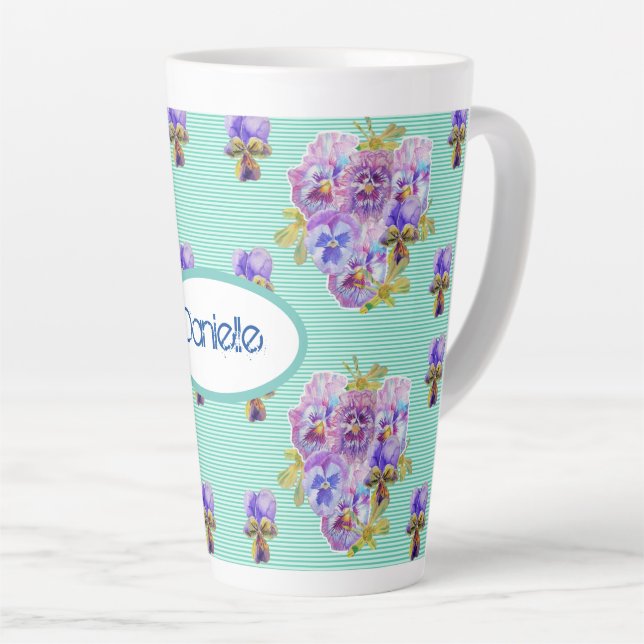 Taza De Café Latte Shabby Chic Turquoise Aqua Pansy floral Latte Mug (Ángulo derecho)