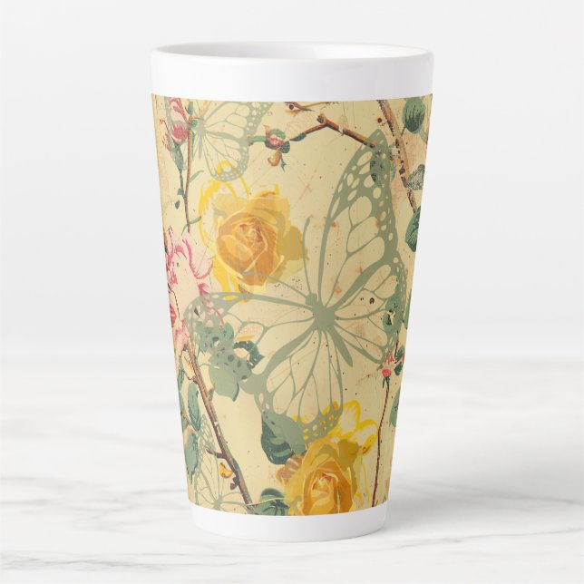 Taza De Café Latte Shebby amarillo mariposa de algodón (Anverso)