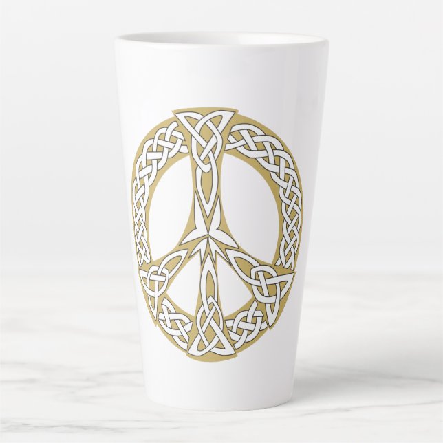 Taza De Café Latte Signo de paz celta dorada y blanca (Anverso)
