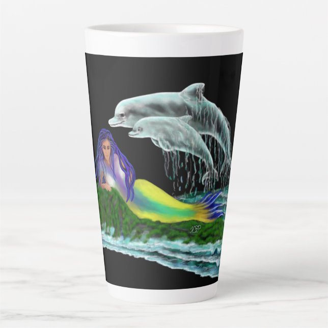 Taza De Café Latte Sirena con delfines (Anverso)