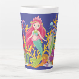 Taza De Café Latte Sirena oceánica: El cabello largo y rojo