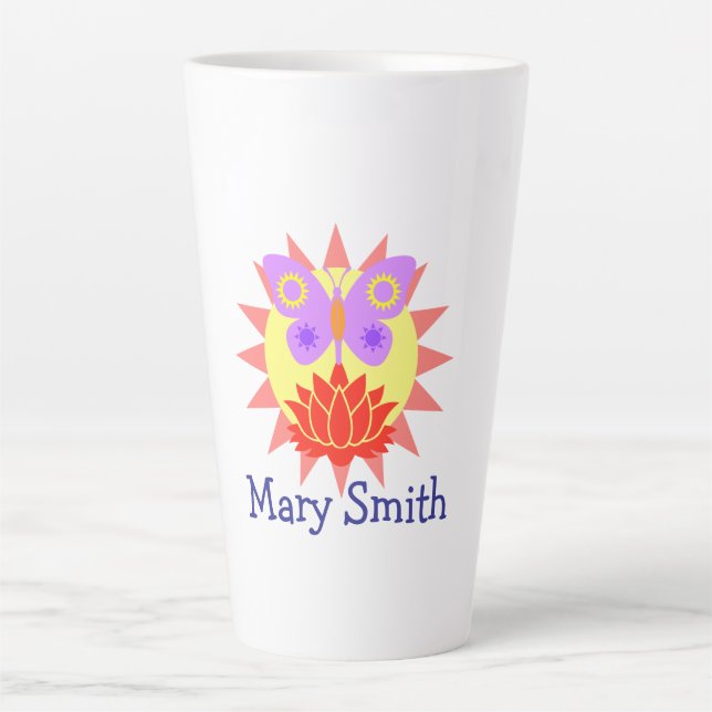 Taza De Café Latte Sol, mariposa y flor (Anverso)