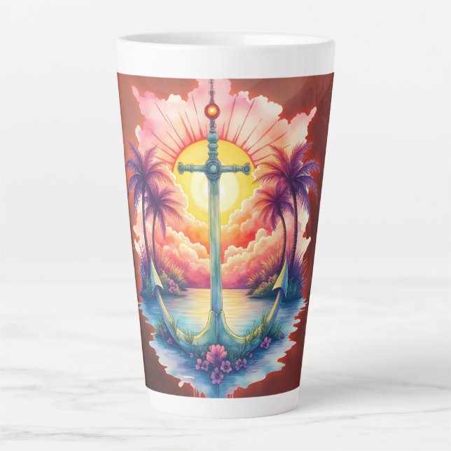 Taza De Café Latte Solar anchor in a tropical paradise.  (Anverso)