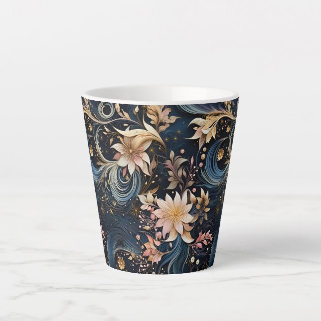 Taza De Café Latte Sophisticated Gold Flowers On Navy Blue (Anverso)