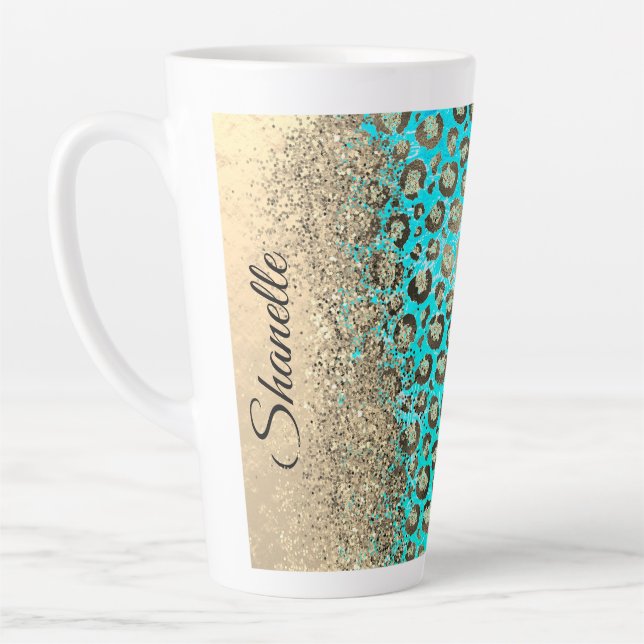 Taza De Café Latte Sparkly Purpurinoso de Leopardo Turquesa (Izquierda)