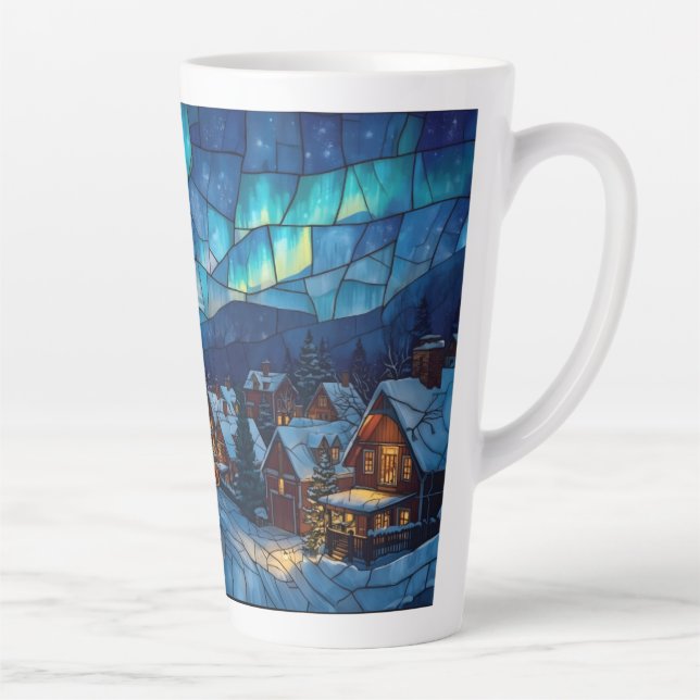 Taza De Café Latte Stained Glass Winter Village (Derecha)