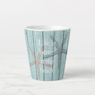 Taza De Café Latte Starfish Beach Blue Faux Wood