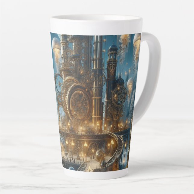 Taza De Café Latte Steampunk Futurista ciudad antigua con medusas (Ángulo derecho)