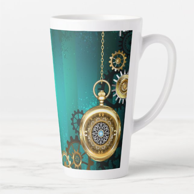 Taza De Café Latte Steampunk Jewelry Watch sobre un fondo verde (Derecha)