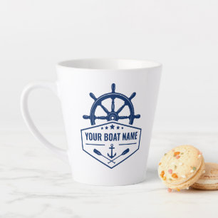 Taza De Café Latte Su nombre de barco Nautical Anchor Oars Helm 2 lad