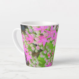 Taza De Café Latte Suculento sedum rosa caliente con hojas verdes flo
