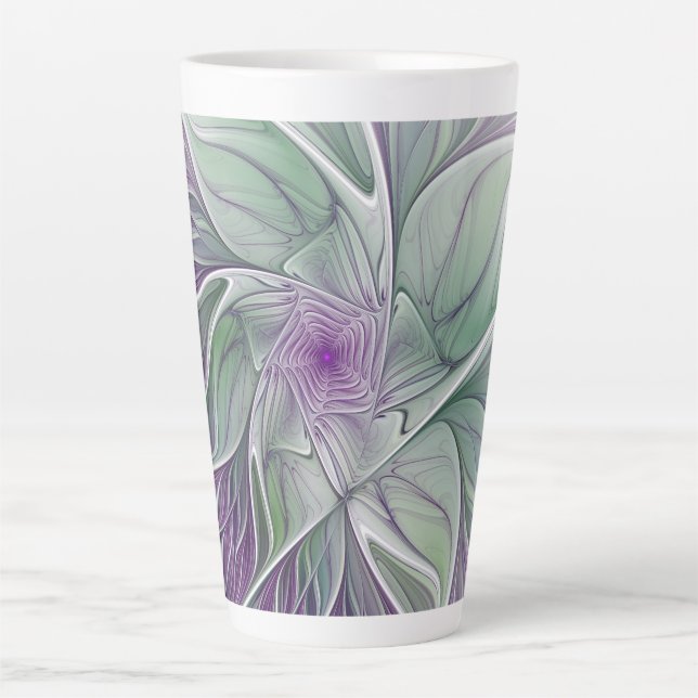 Taza De Café Latte Sueño de flores, abstracto arte fractal verde púrp (Anverso)