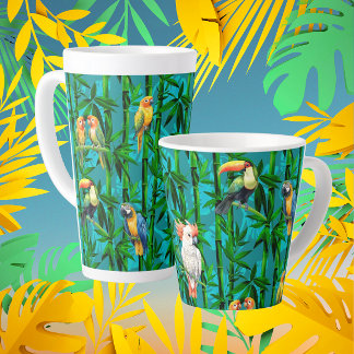 Taza De Café Latte Sueños de selva tropical de bambú y pájaros