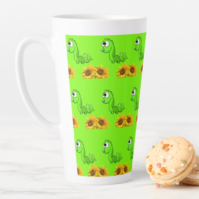 Taza De Café Latte Sunflower Dinosaur Floral Latte Mug (In situ)