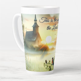 Taza De Café Latte Sunrise Church with Birds in Misty Meadow