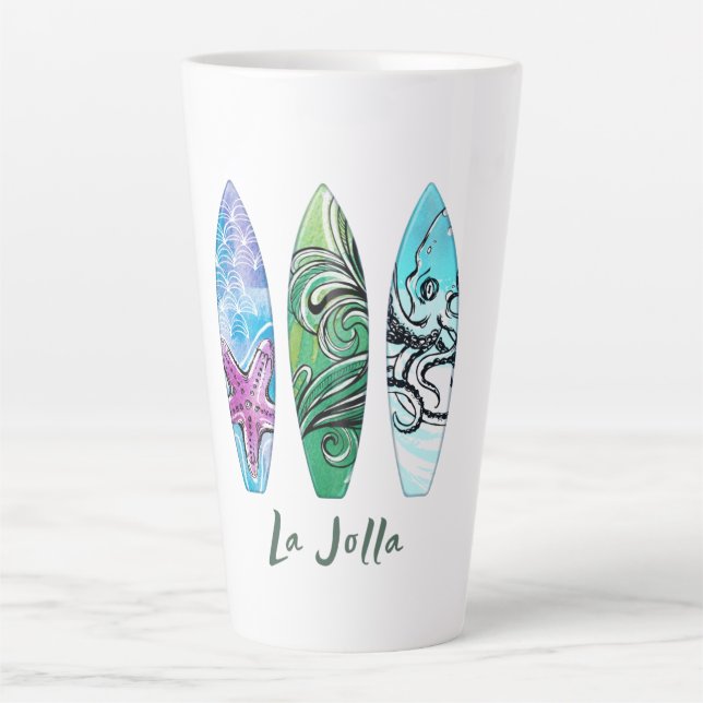 Taza De Café Latte Surfboards La Jolla California (Anverso)